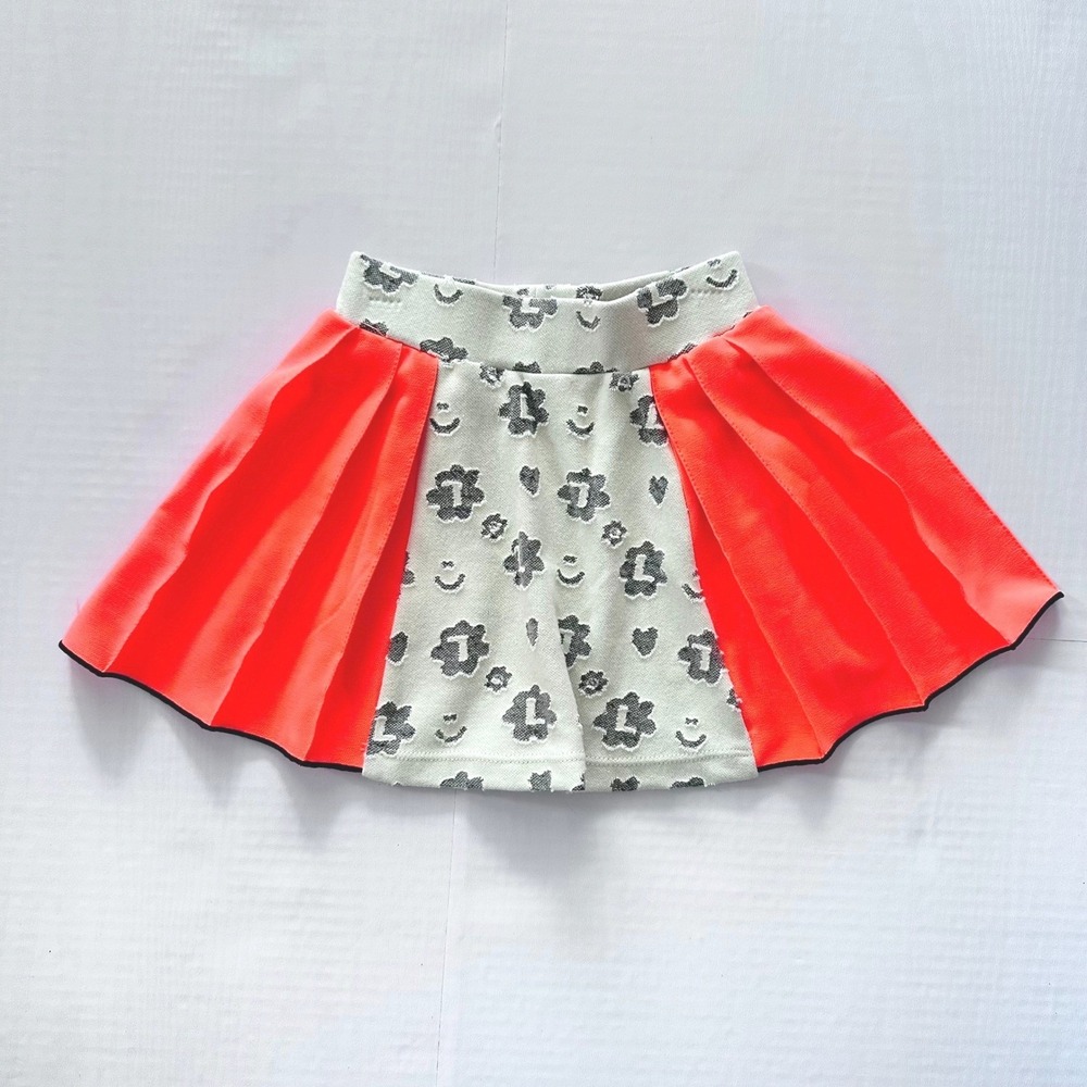 Lanoosh Girls Floral Knit Pleated Skirt Neon Orange Grey White XXS Made in USA